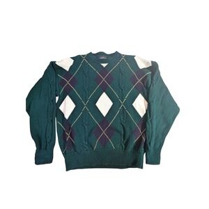 Woods & Gray Cotton Sweater – L Green Argyle Cable Knit READ